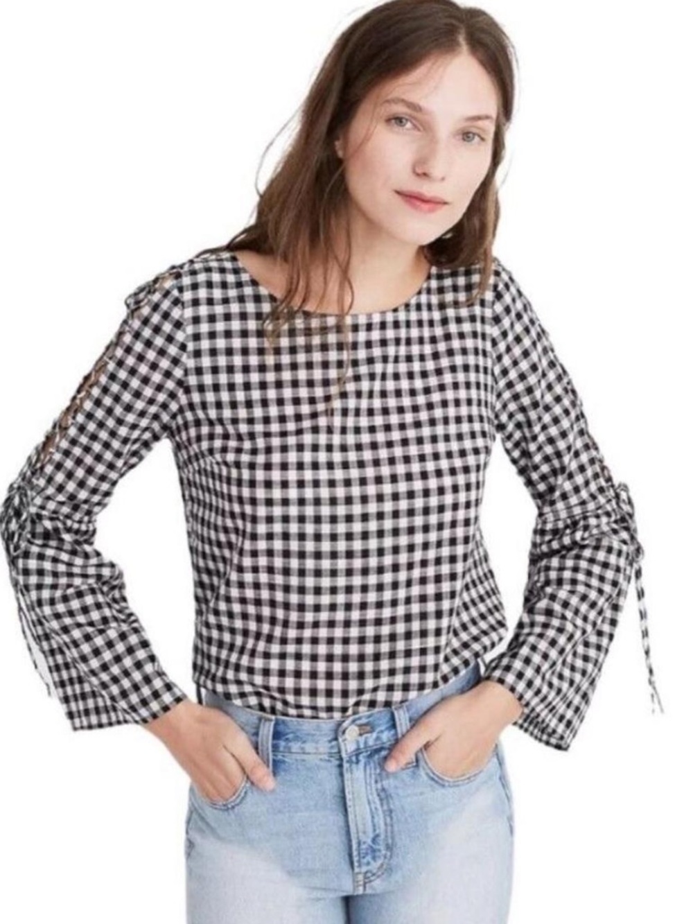 Madewell - Black and White Gingham Bell-Sleeve Top